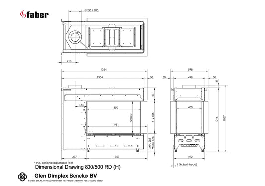 Technische tekening van Faber Matrix Hybrid 800/500 RD met gedetailleerde afmetingen en specificaties.