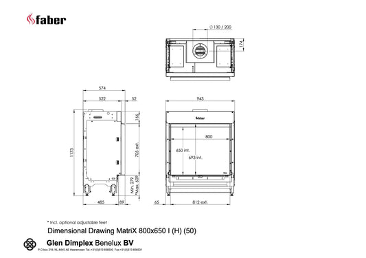 Technische tekening van Faber Matrix Hybrid 800/650 I Front met gedetailleerde afmetingen en specificaties.