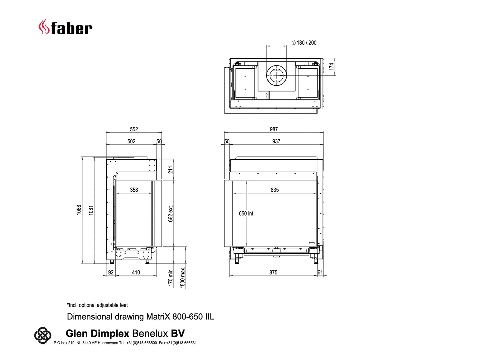 Technische tekening van Faber Matrix Hybrid 800/650 II hoek met gedetailleerde afmetingen.