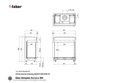 Technische tekening van Faber Matrix Hybrid 800/650 II hoek met gedetailleerde afmetingen.