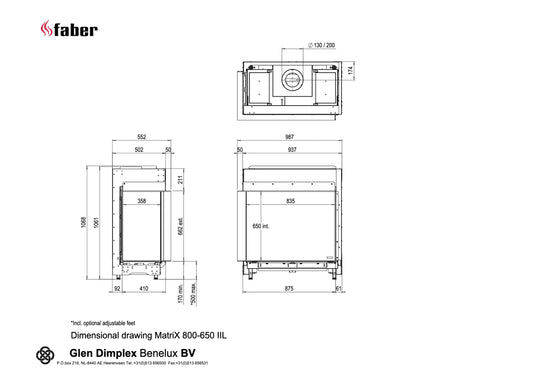 Technische tekening van Faber Matrix Hybrid 800/650 II hoek met gedetailleerde afmetingen.