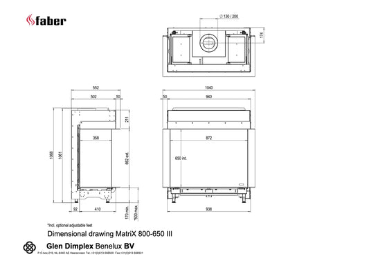 Technische tekening van Faber Matrix Hybrid 800/650 III driezijdig met gedetailleerde afmetingen.