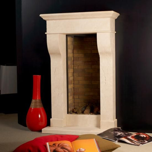 Schouw Arizona in crème kleur met open haard in donkere showroom