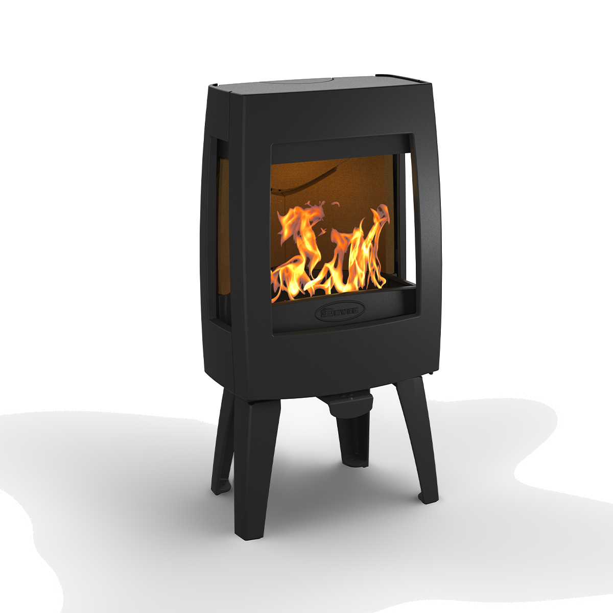 Dovre Sense 103 houtkachel met brandend vuur op witte achtergrond