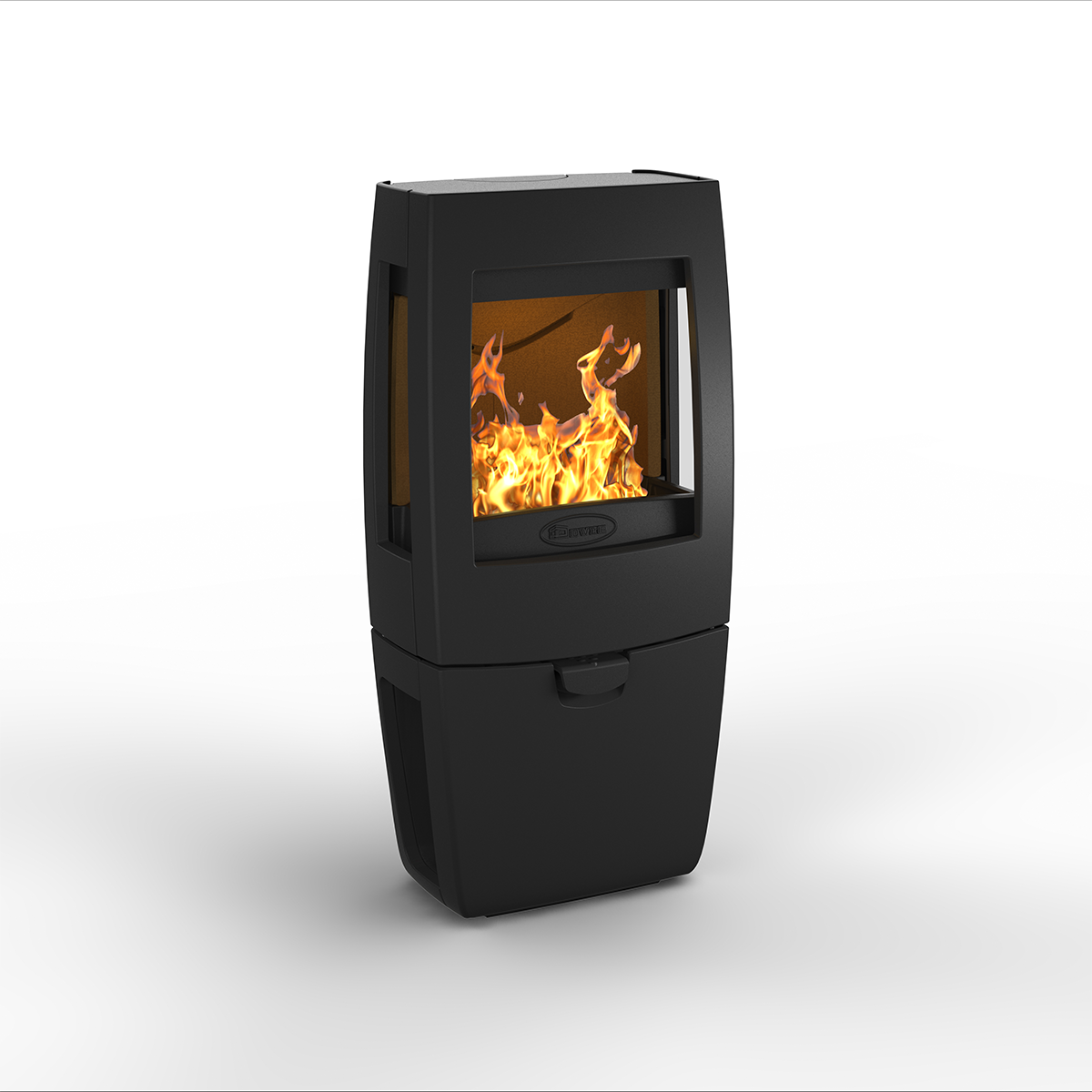 Dovre Sense 203 houtkachel met zichtbare vlammen, op witte achtergrond