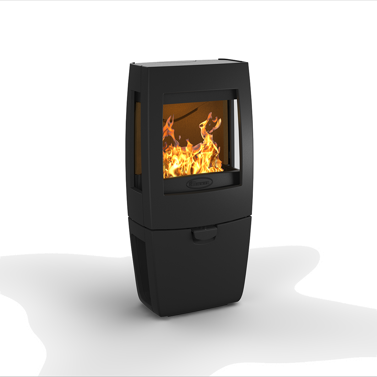Dovre Sense 203 houtkachel met brandend vuur op witte achtergrond