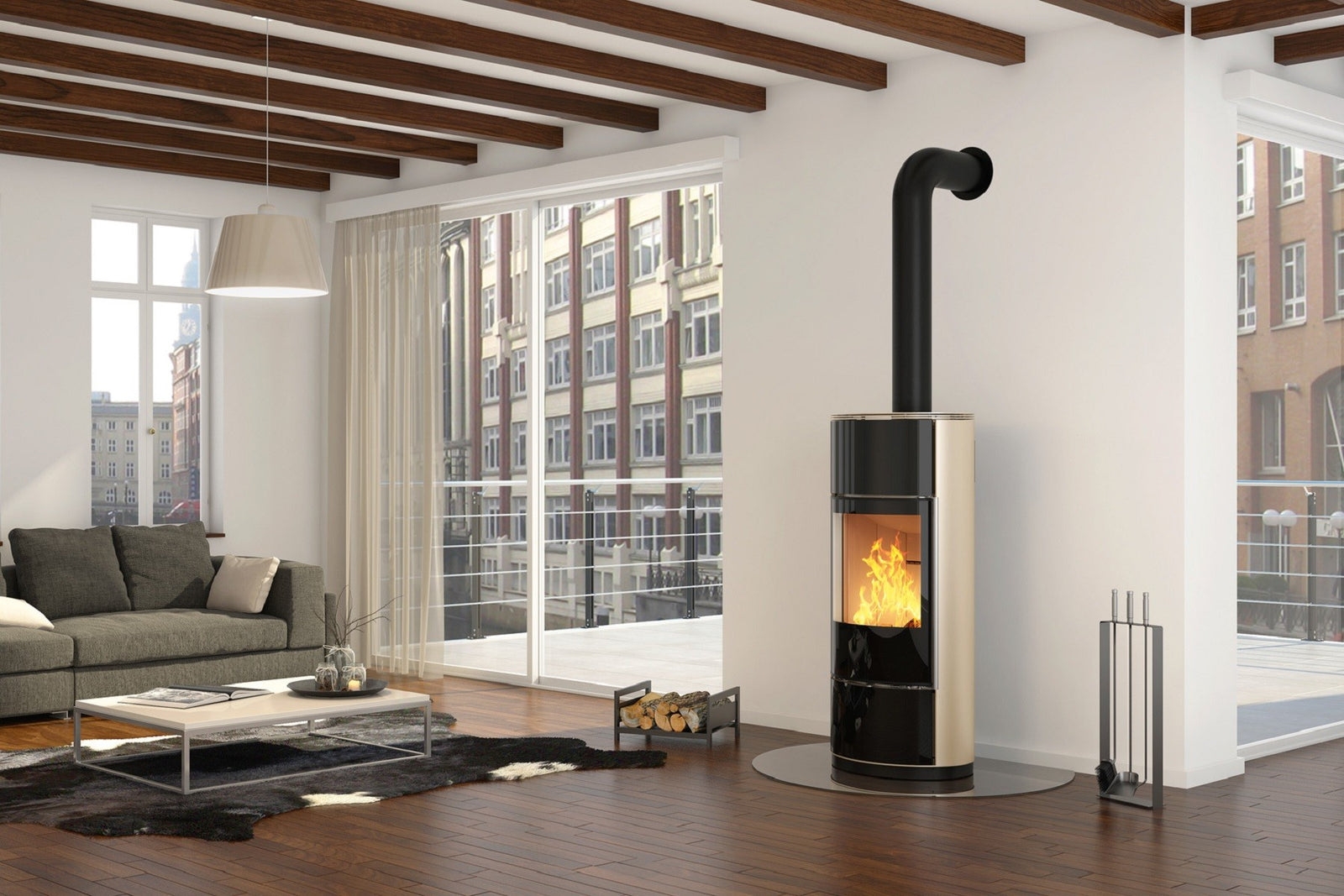 Spartherm Senso L houtkachel in moderne woonkamer met zichtbare vlammen