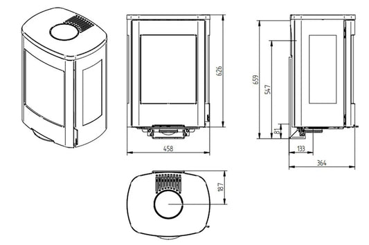 Technische tekening van Jydepejsen Senza Wall zijruiten met afmetingen en verschillende aanzichten.