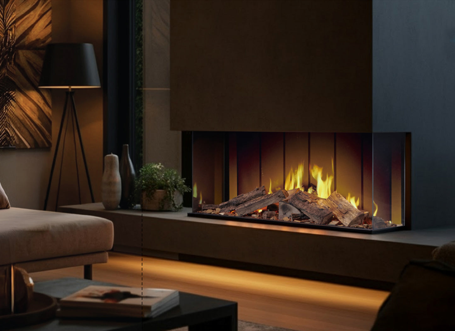 Fair Fires Solution TrueFlame 1000 LCD in moderne woonkamer met ingebouwde haard