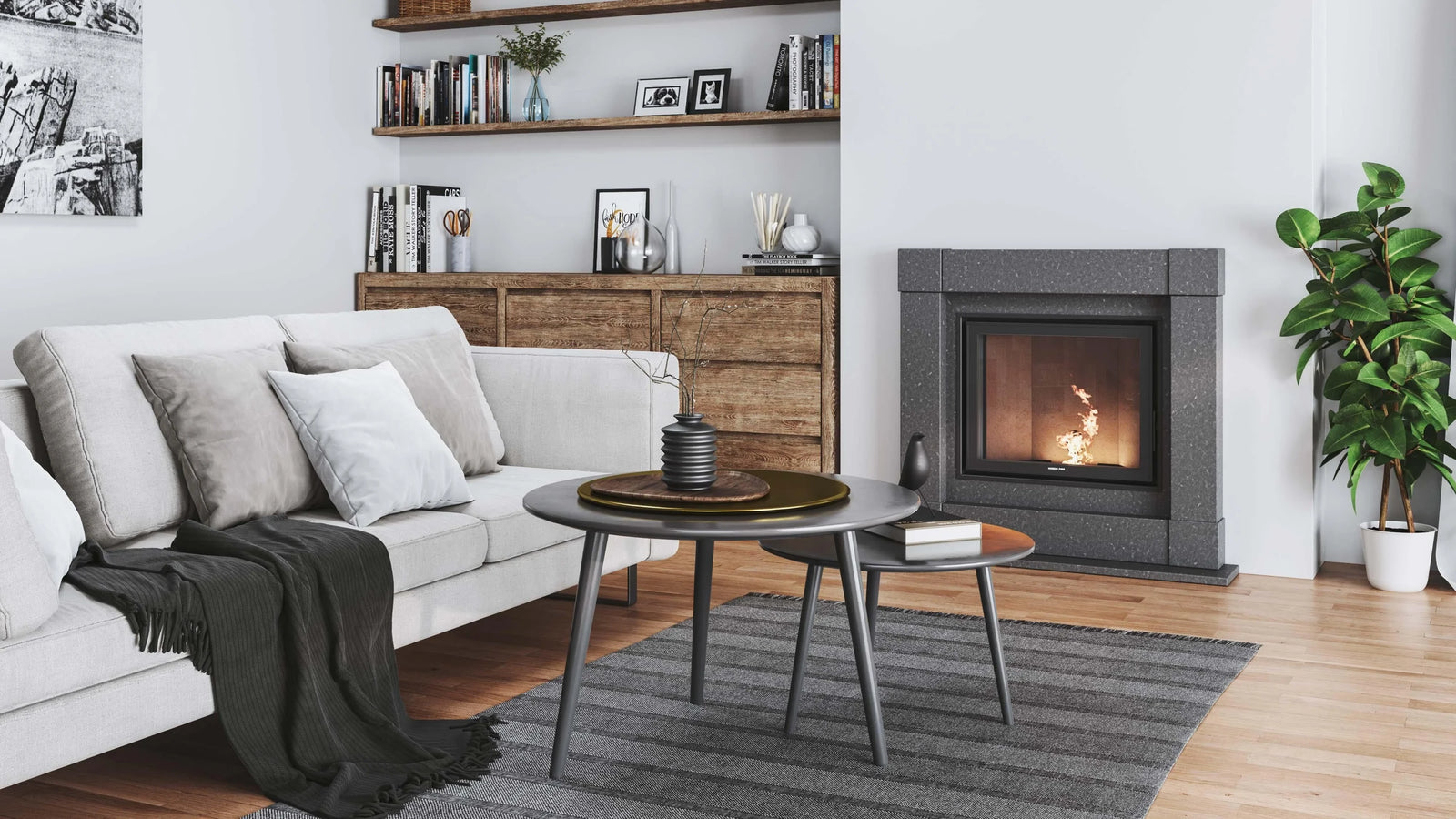 Nordic Fire Sienna 7-10 in moderne woonkamer met brandend haardfront