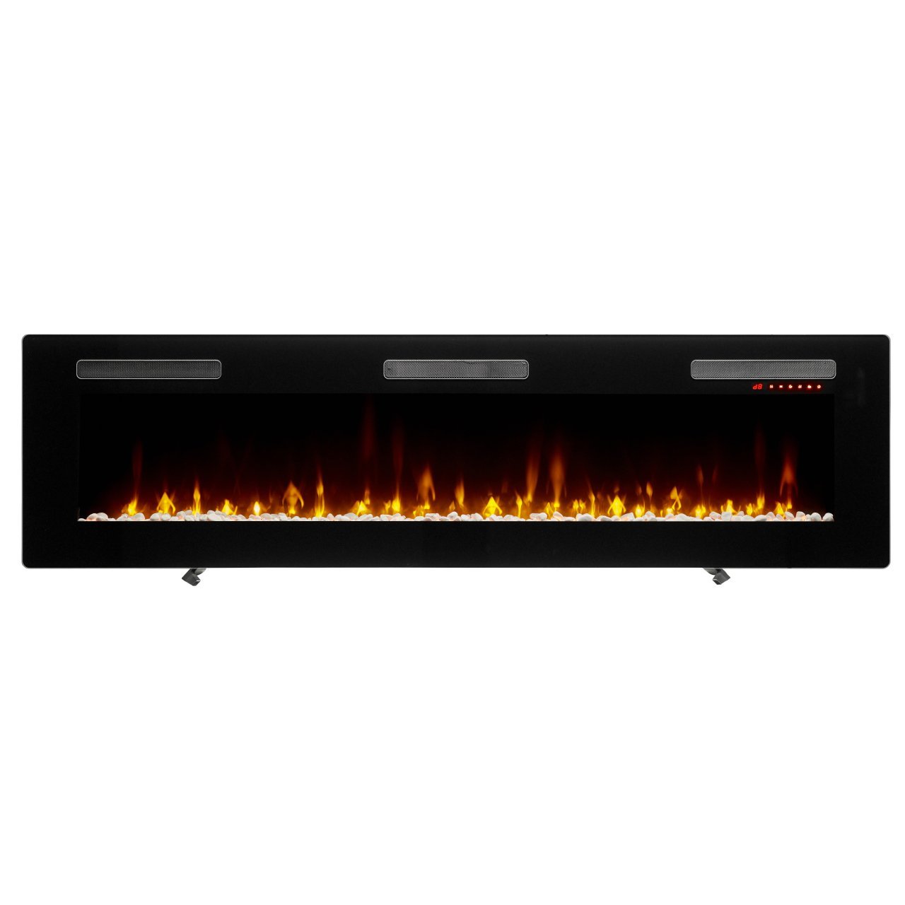 Dimplex Sierra 72" Elektrische haard met realistische vlammen en stenen in een zwarte behuizing.