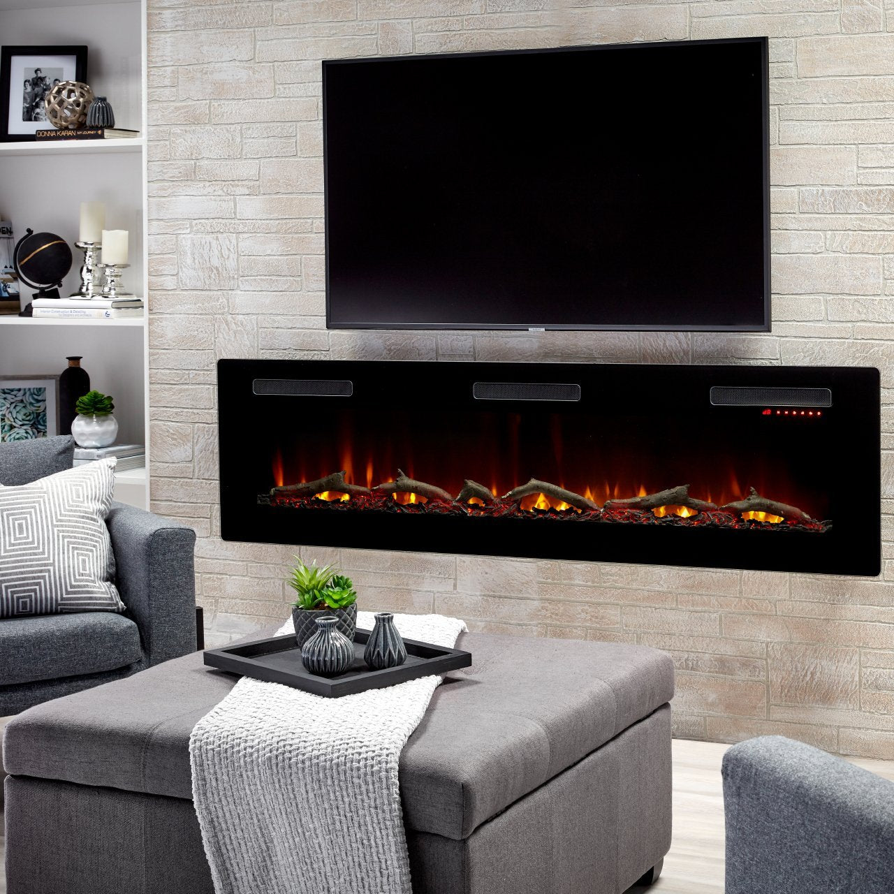 Dimplex Sierra 72 inch elektrische haard in moderne woonkamer, onder tv