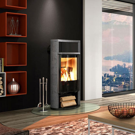 Spartherm Sino City speksteenhaard in moderne woonkamer met brandend vuur