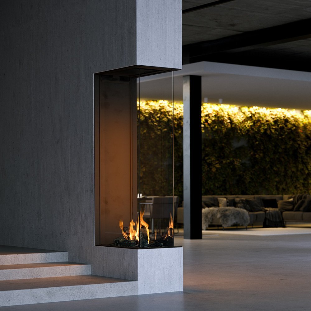 Element4 Sky Large Roomdivider ingebouwde haard in moderne woonkamer
