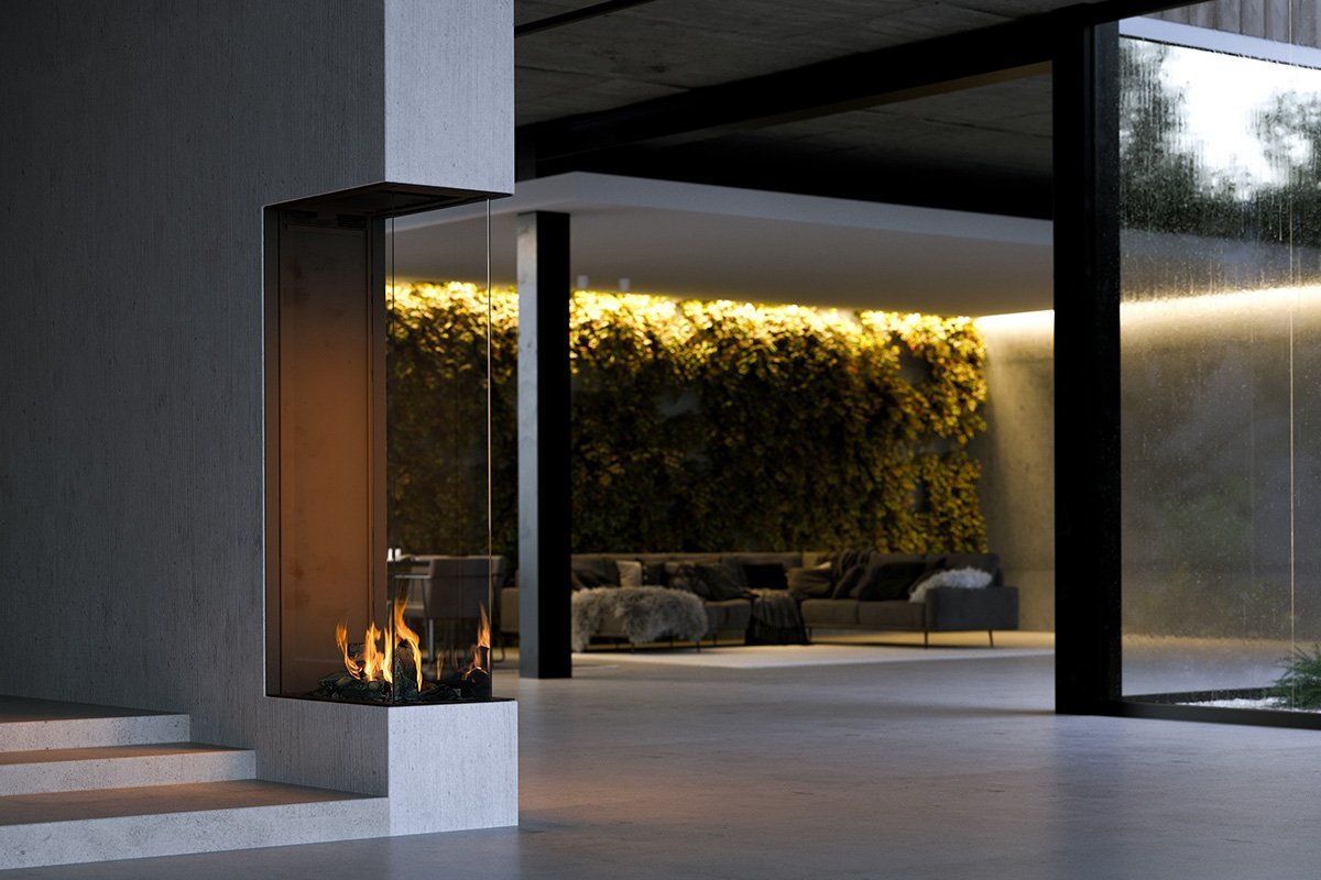 Element4 Sky Large Roomdivider in moderne woonkamer met vlammen