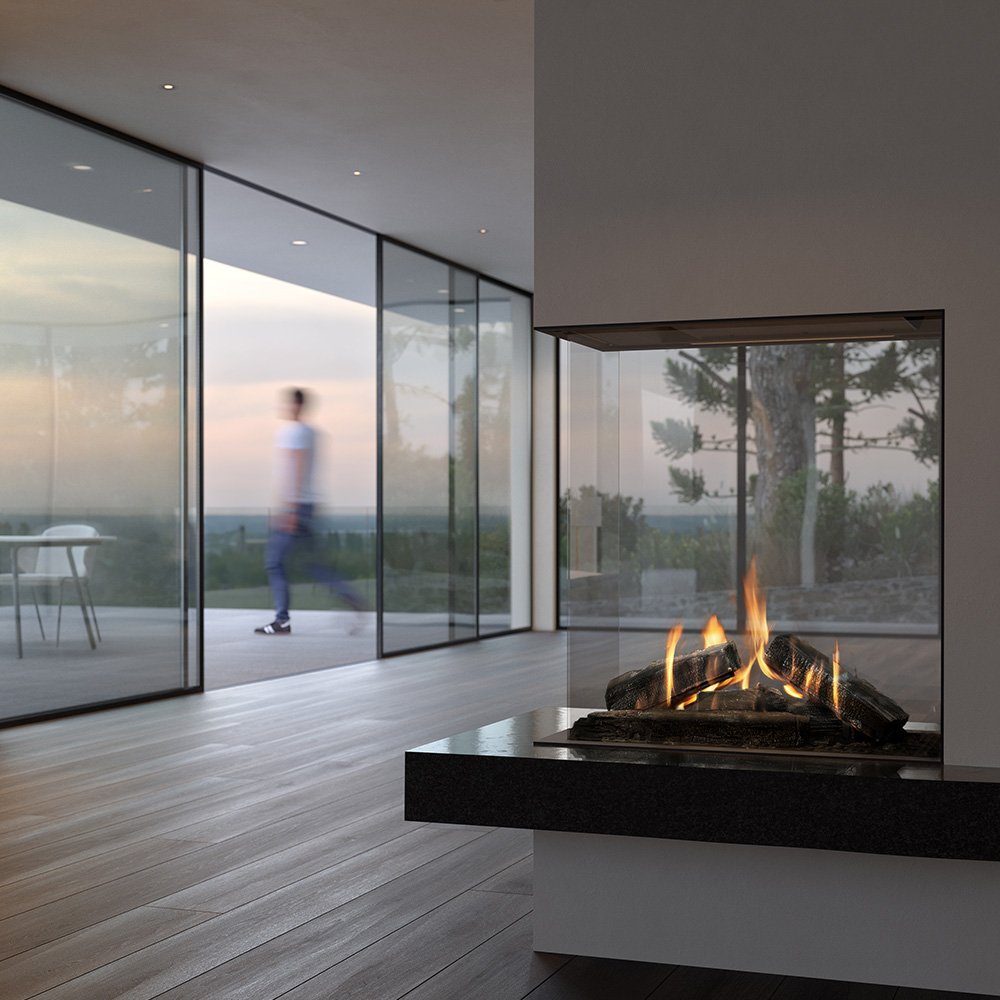 Element4 Sky Small Roomdivider in moderne woonkamer met glazen wanden en vlammen