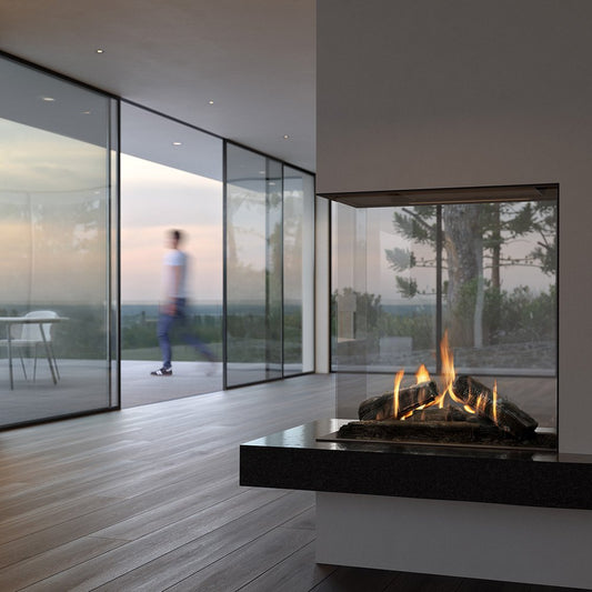 Element4 Sky Small Roomdivider in moderne woonkamer met glazen wanden en vlammen