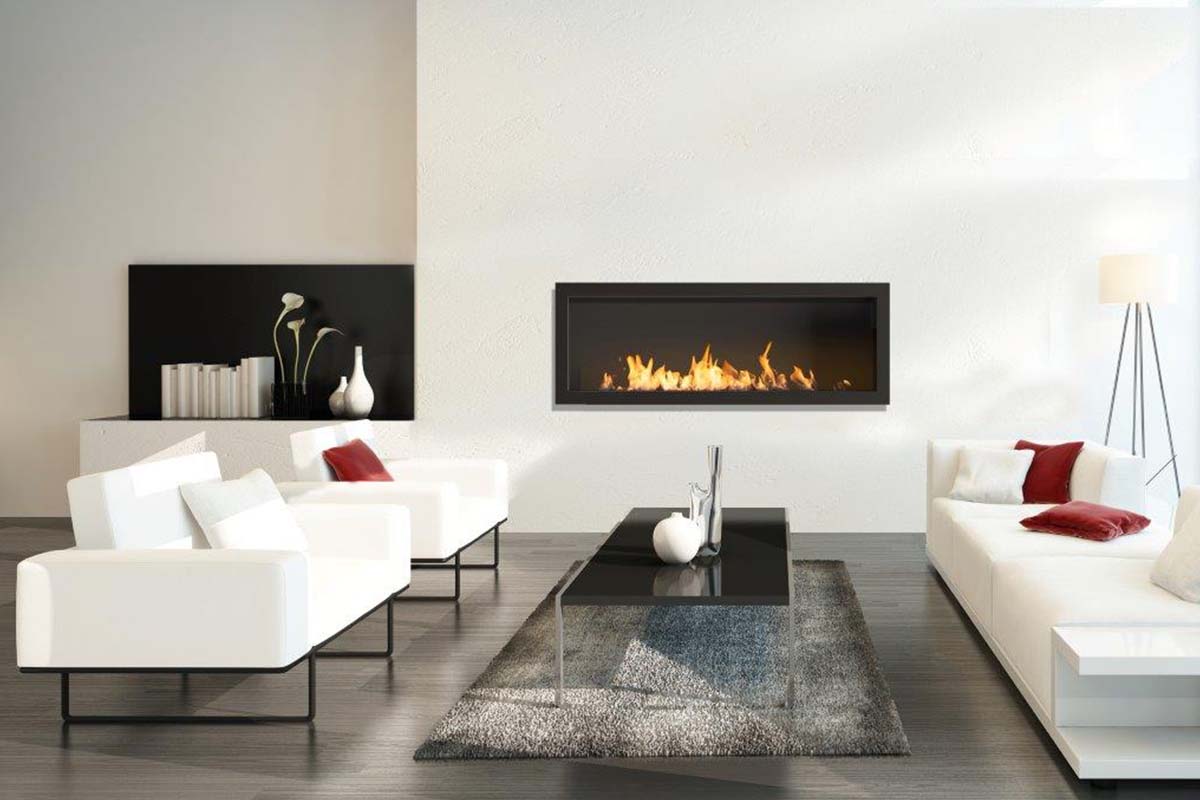 Icon Fires Slimline Firebox 1100 in moderne woonkamer met brandende smalle haard