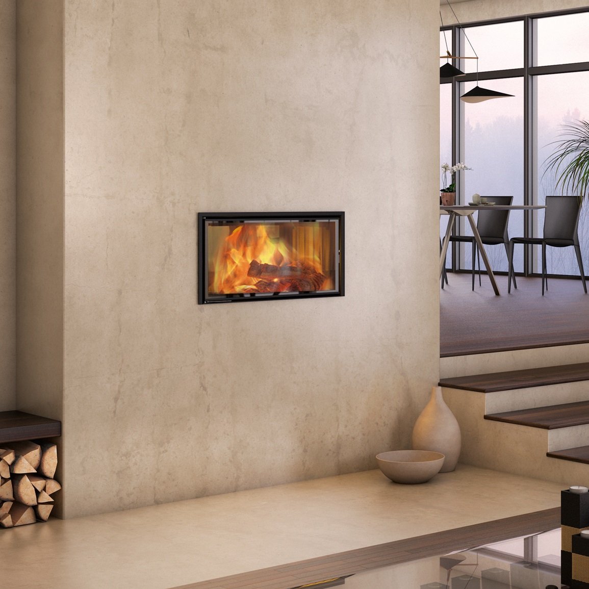 Spartherm Linear Tunnel 73x37 ingebouwd in beige woonkamerwand met zicht op vlammen