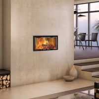 Spartherm Linear Tunnel 73x37 ingebouwd in beige woonkamerwand met zicht op vlammen
