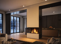 Spartherm Premium Triple 100x42x50 in moderne woonkamer met brandend haardvuur