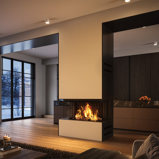 Spartherm Premium Triple 100x42x50 in moderne woonkamer met brandend vuur