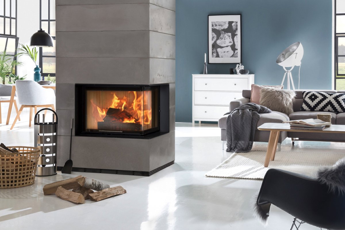 Spartherm Linear Corner 58x39x51 in moderne woonkamer met brandend hoekraam