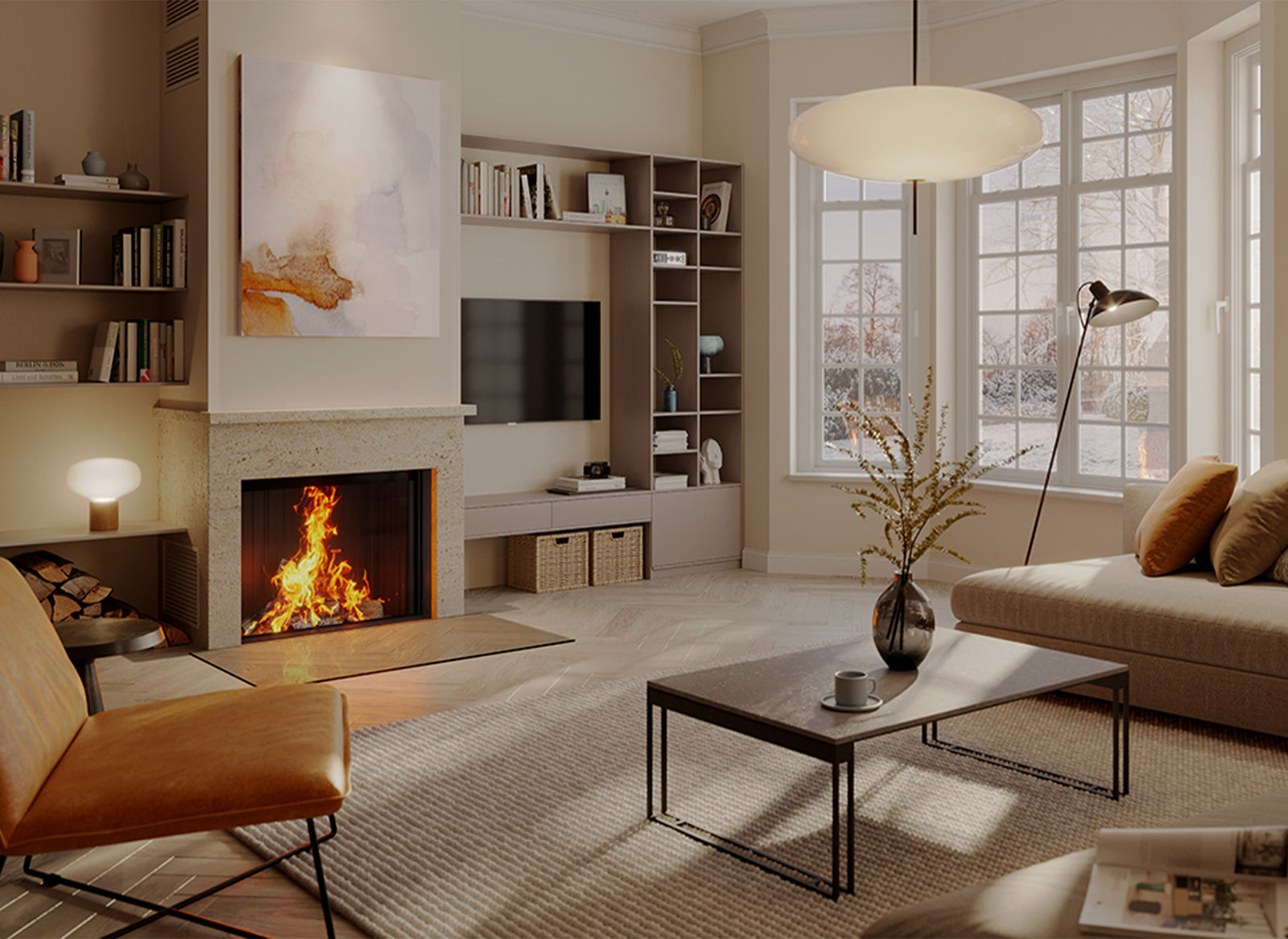Spartherm Premium Front 87x68 ingebouwd in lichte woonkamer met brandend vuur