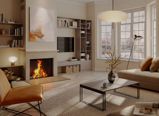 Spartherm Premium Front 87x68 ingebouwd in lichte woonkamer met brandend vuur