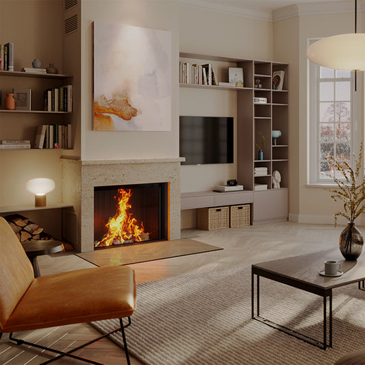 Spartherm Premium Front 87x68 ingebouwd in stijlvolle woonkamer met brandend vuur