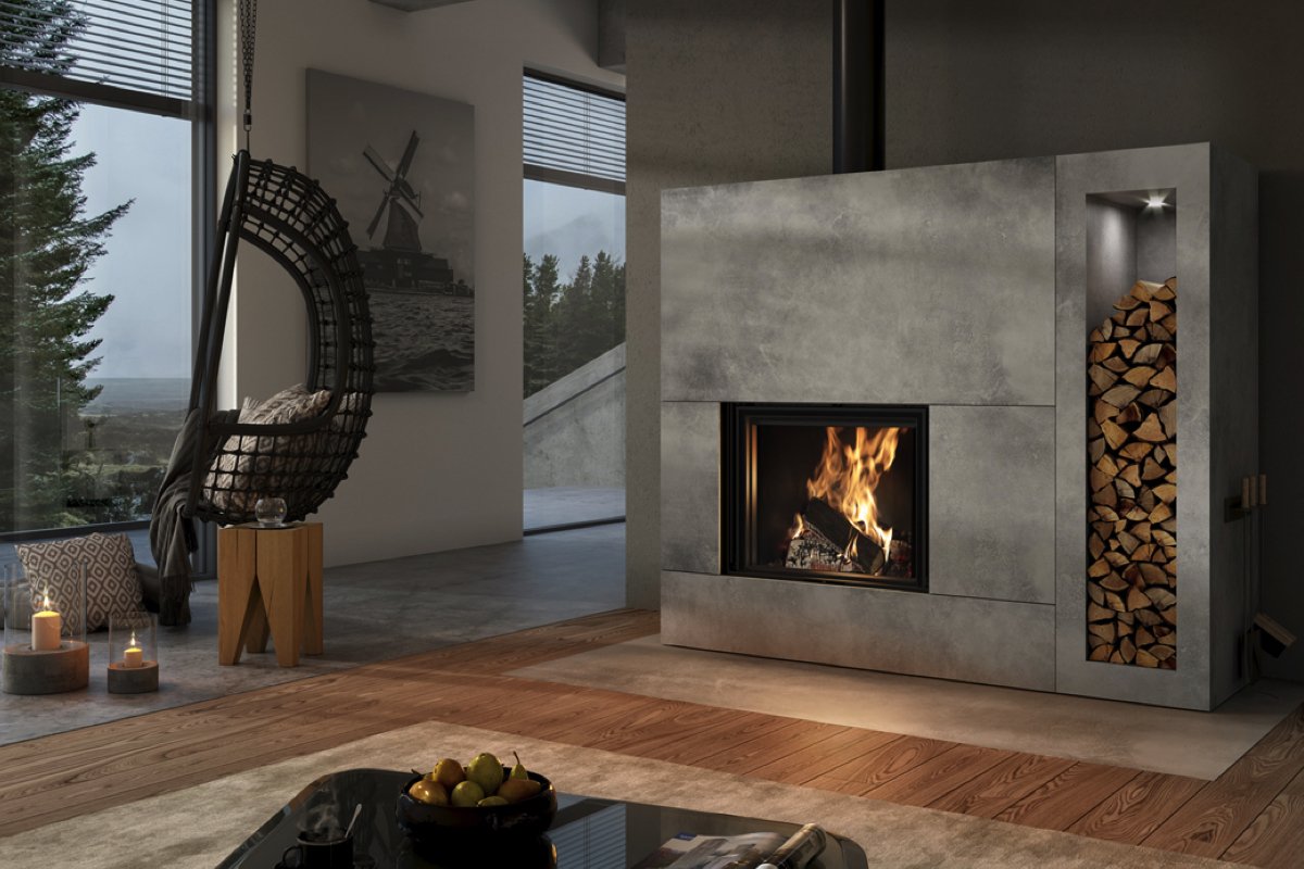 Spartherm Linear Front 60x51 haard in moderne woonkamer met brandend vuur