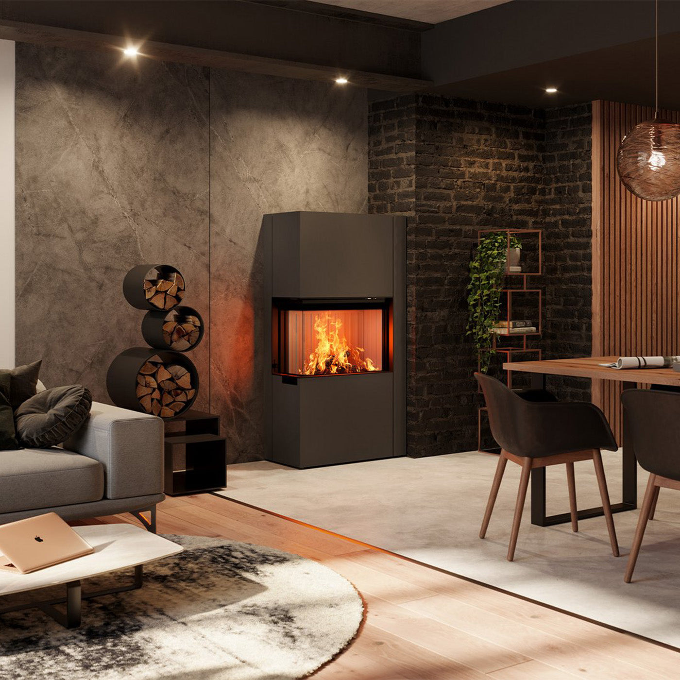 Spartherm Zirkon haard in moderne woonkamer met brandend vuur
