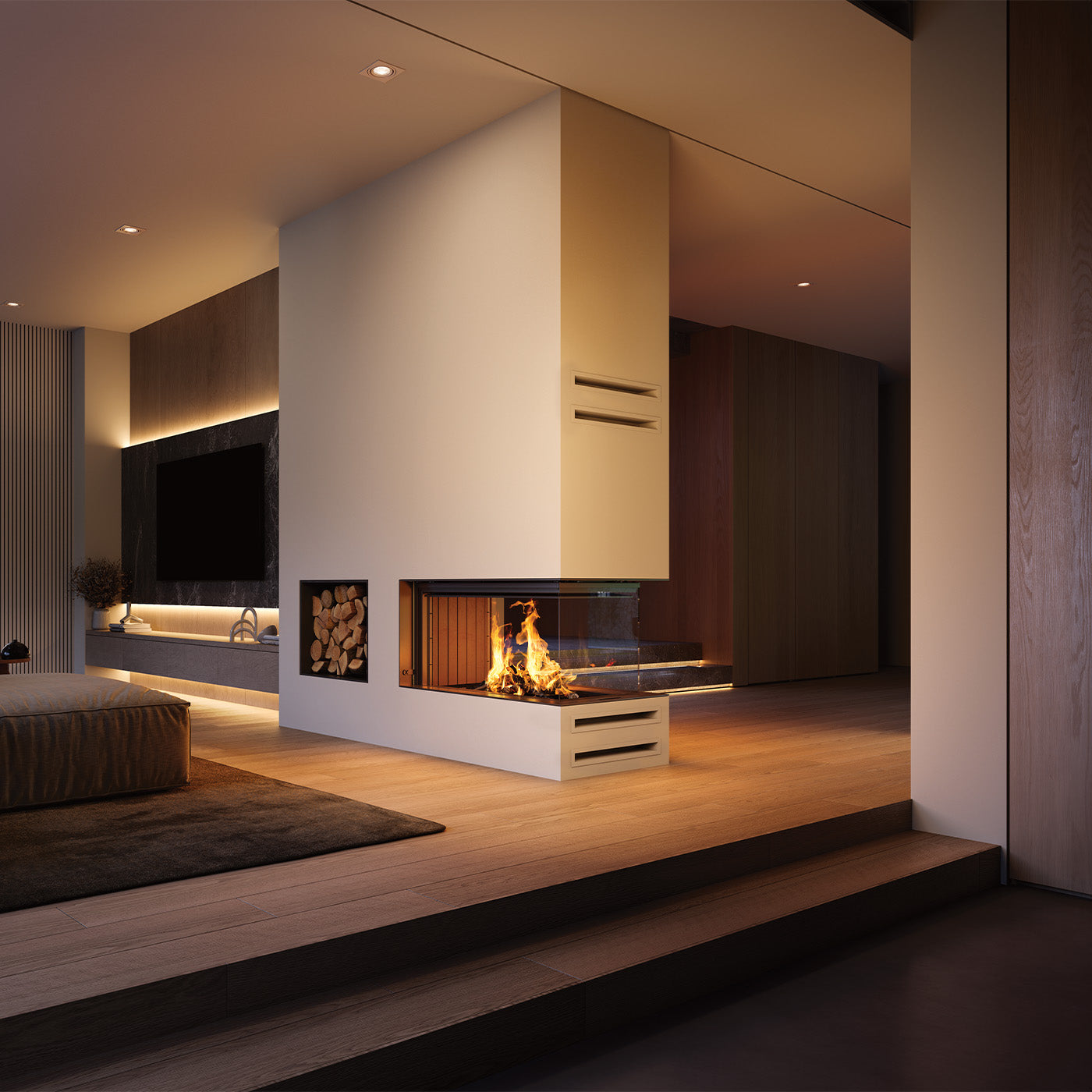 Spartherm Premium Triple 50x90x50 in moderne woonkamer met haard en brandend vuur