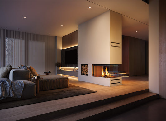 Spartherm Premium Triple 50x90x50 in moderne woonkamer met ingebouwde haard