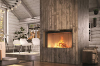 Spartherm Premium Front 87x50 ingebouwd in moderne woonkamer met brandend vuur