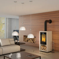 Spartherm Ambiente A7 in moderne woonkamer met brandend vuur en houtvak