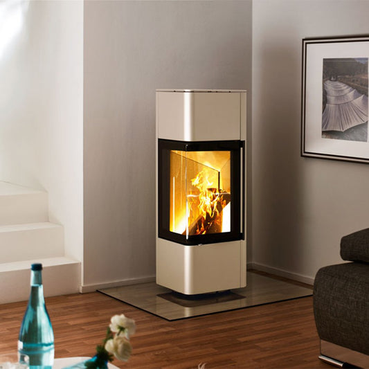 Spartherm Cubo S haard in moderne woonkamer met brandend vuur