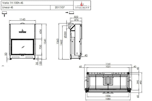 Technische tekening van Spartherm Linear Front 100x70 (vaste greep) met afmetingen en zijaanzichten.