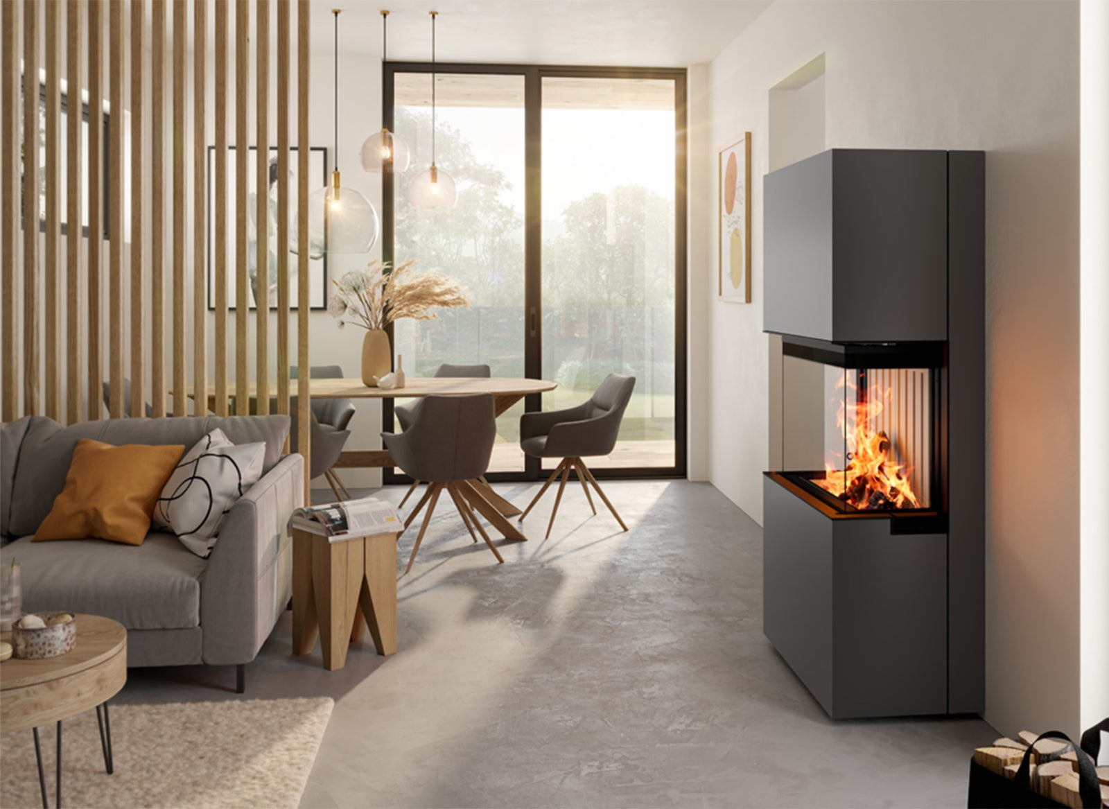 Spartherm Lean Saphir in moderne woonkamer met brandend vuur