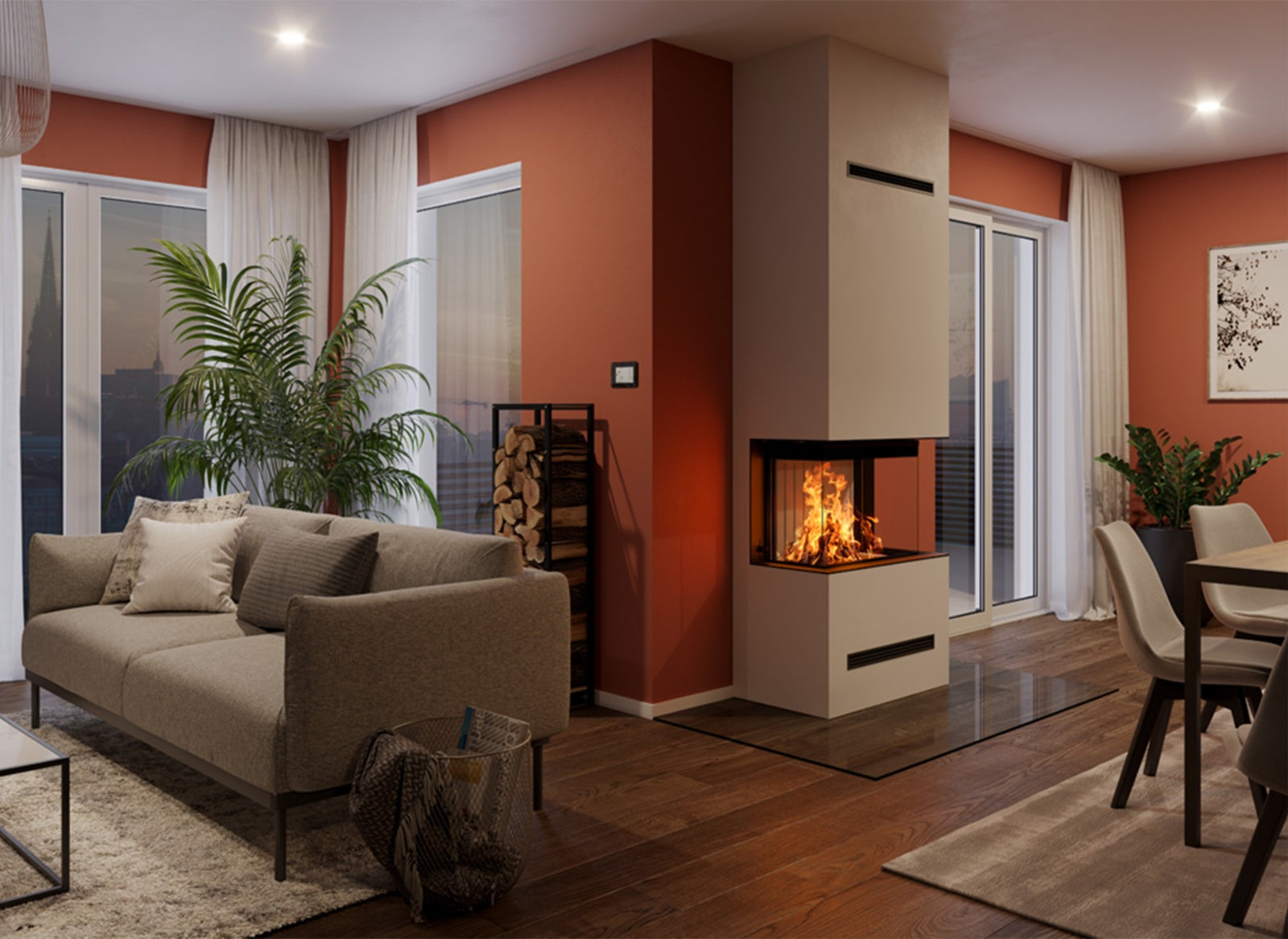 Spartherm Lean Triple 68x28x48 in een moderne woonkamer met brandend vuur