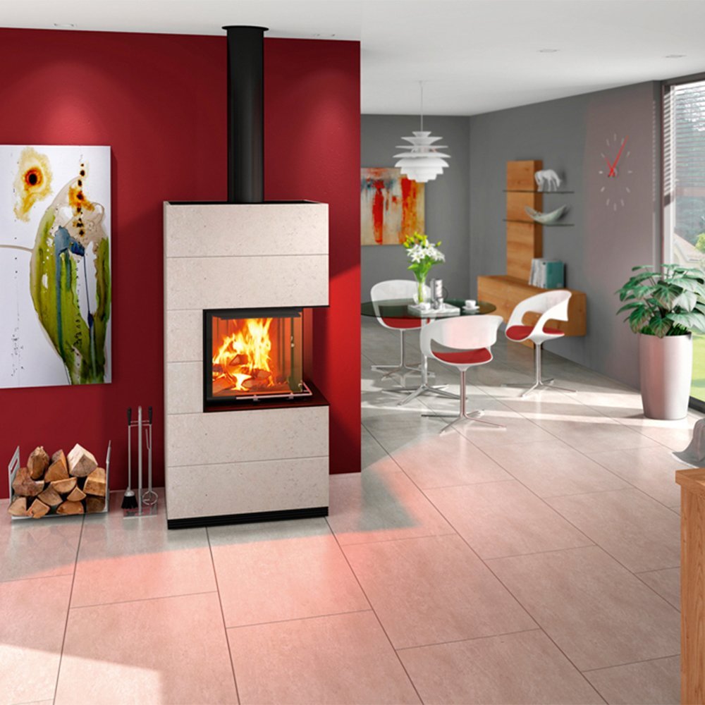 Spartherm Linear Corner 46x46x51 (vaste greep) in een moderne woonkamer met kunst en eetgedeelte.