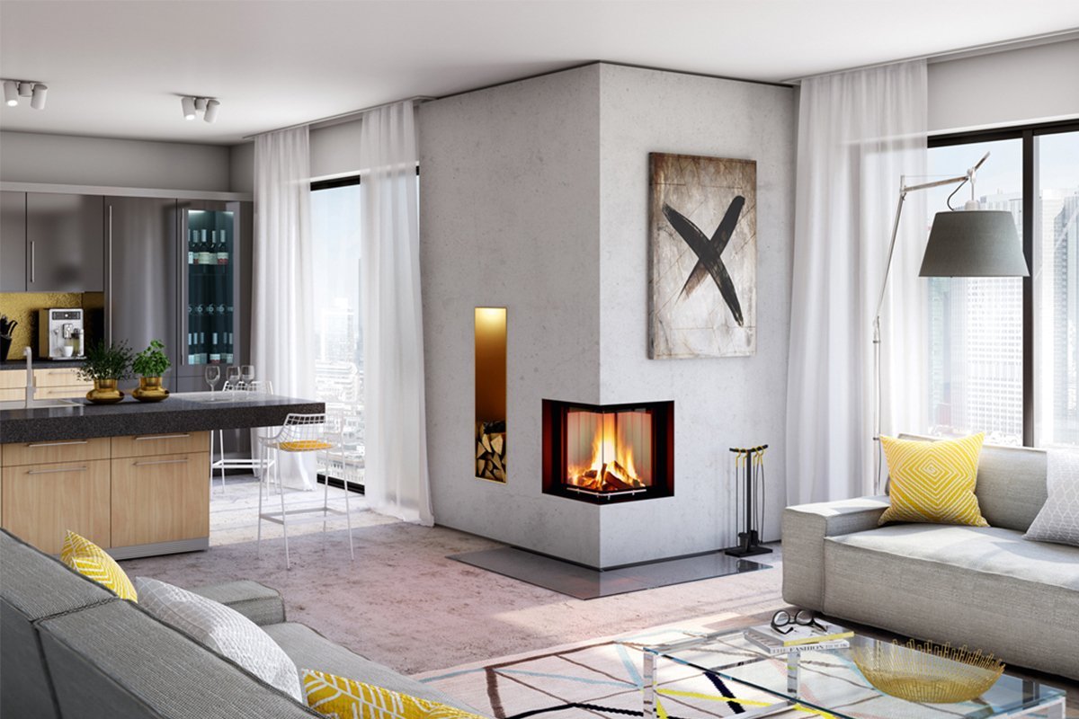 Spartherm Linear Corner 46x46x51 (vaste greep) in een moderne woonkamer met open keuken.