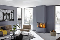 Spartherm Premium Triple 80x41x50 in moderne woonkamer met brandend haardvuur
