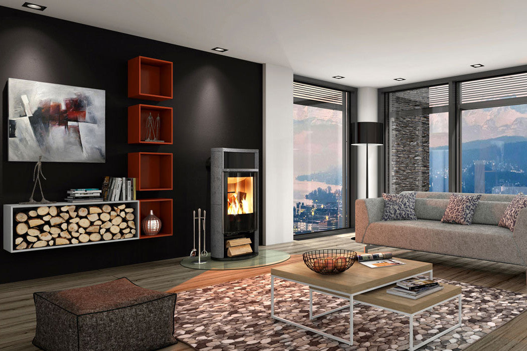 Spartherm Sino City haard in moderne woonkamer met brandend vuur