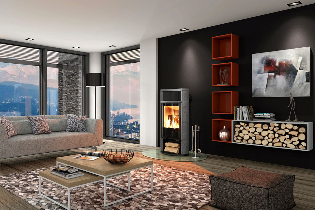 Spartherm Sino City speksteen in moderne woonkamer met brandend vuur