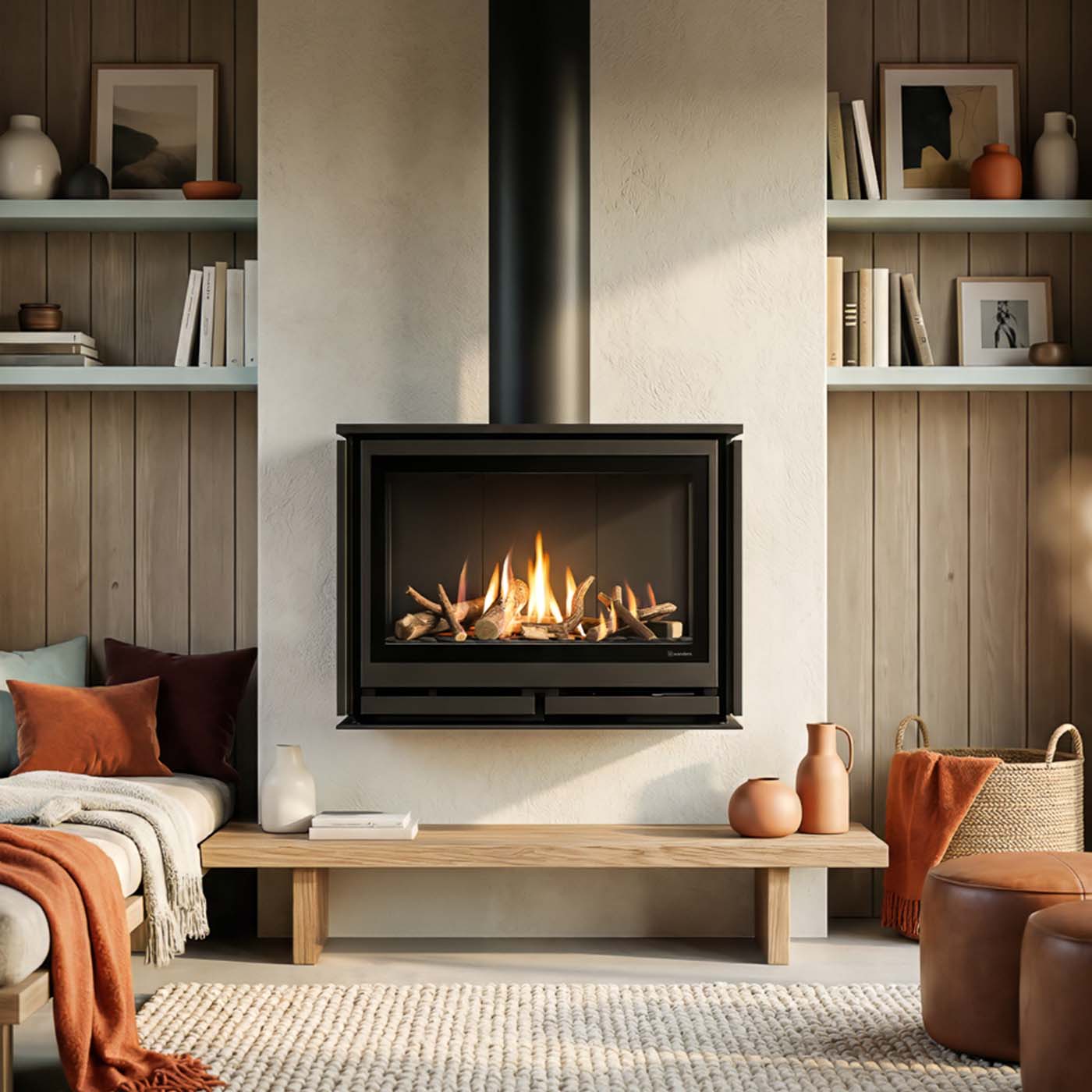 Wanders Square 60 wandgashaard in moderne woonkamer met brandend vuur