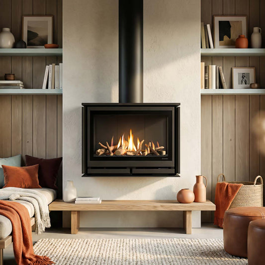 Wanders Square 60 wandgashaard in moderne woonkamer met brandend vuur