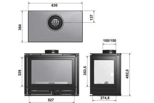 Technische tekening van Wanders Square 60 Wall gas met afmetingen en aansluitingen.