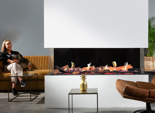 Element4 Summum 140 3-zijdig Bio ingebouwd in moderne woonkamer met vlammen