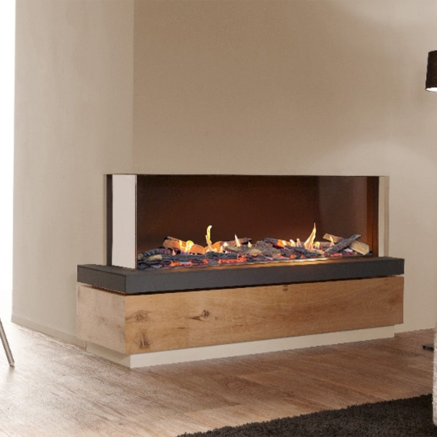 Element4 Summum 140 hoek Bio in moderne woonkamer met brandend haardvuur